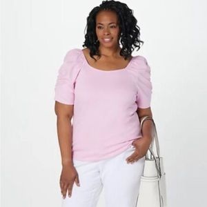 NWOT All Worthy QVC 5X (34/36) Pink ruched, slight puff sleeve top.